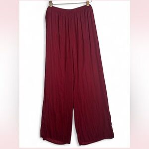 ONLY Burgundy Silky Wide Leg Pants Slit Hem Elastic Waist Size M